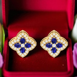 Bridal 14k Gold Blue Sapphire Diamond Stud Earrings, Sapphire Stud, September Birthstone, Perfect Gift For Mom, 925 Silver Lab Grown Jewelry
