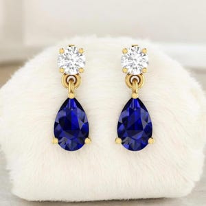 Handmade Pear Blue Sapphire Drop Earrings: Gold Plated Sterling Silver