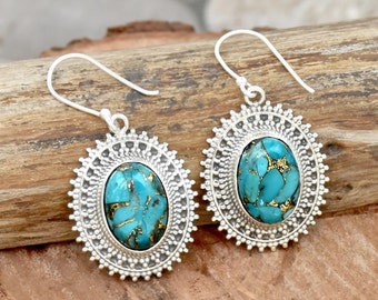 Turquoise Earring Handmade Design Silver Earring Oval Shape Stone Earring Blue Stone Earring Mother Birthday Gift Earring Anniversary Gifts