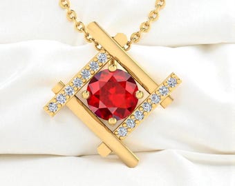 Garnet Geometric Pendant Necklace, 14k Gold Diamond Necklace, July Birthstone Jewelry, Dainty Christmas Necklace, Unique Modern Gift for Her