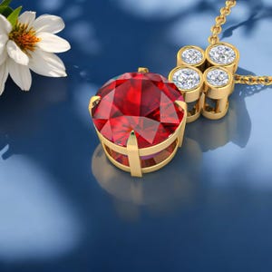 Garnet & Diamond Solitaire Necklace: Gold Plated Sterling Silver Pendant
