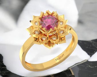 Rubin Ring, Pinky Ring, 14K Gold Blumenring, Diamant Schmuck für Frauen, Einzigartige Lotus Design, Verlobungsring, Weihnachtsring, Ehering