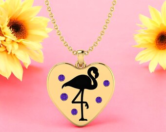 Amethyst Gold Flamingo Herz Halskette, Lila Kristall Anhänger, 925 Sterling Silber Tier Schmuck, Tropischer Vogel Halskette Geschenk für Frauen