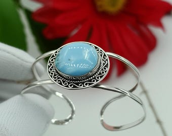 Bracciale rigido in larimar in argento sterling / Bracciale rigido boho fatto a mano con pietre preziose / Bracciale rigido regolabile in pietra blu per donna, bracciale rigido natalizio