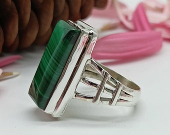 Malachite Ring for Men, Silver Statement Ring, Green Gemstone Ring, Handmade Malachite Jewelry Gift for Him, Bold Modern Men's Ring
