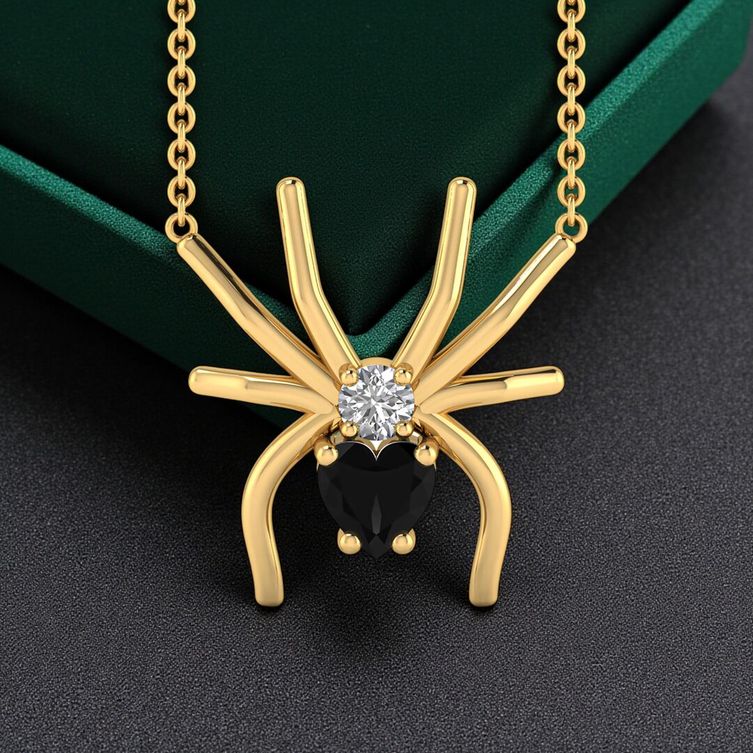 Black Diamond Spider Necklace With Diamond, Gold Gothic Pendant