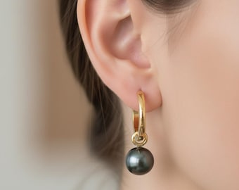 Natural Black Pearl Drop Earrings, Minimal Dangle Hoop Earrings, Pearl Jewelry, Elegant Bridal Wedding Earrings, christmas Gifts for women