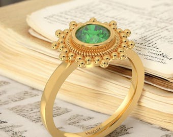 Groene smaragd ring, 925 zilveren vintage sunburst ring, sierlijke statement sieraden voor vrouwen, geboortesteen mei ring, uniek handgemaakt cadeau voor haar
