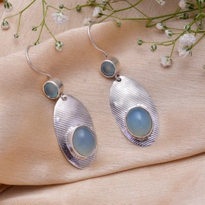 Boho Aqua Chalcedony Sterling Silver Earrings - Handmade