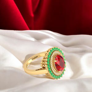 Handmade Garnet Emerald Ring: 14k Gold Plated Sterling Silver
