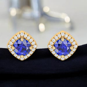 Blue Sapphire Gold Stud Earrings: September Birthstone, Handmade
