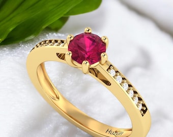 Ruby Engagement Ring, 14K Gold Solitaire Ring, Dainty Promise Ring for Women, Red Gemstone Ring,July Birthstone Jewelry Gift,925 Silver Ring