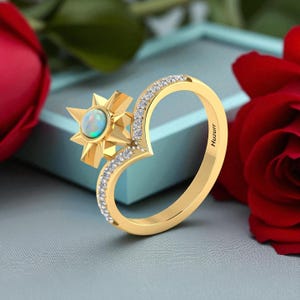 Huzurr Opal Engagement Ring – Starburst Gold Ring with Diamond Accents, Unique Celestial Jewelry, October Birthstone Ring, Gifts for Her