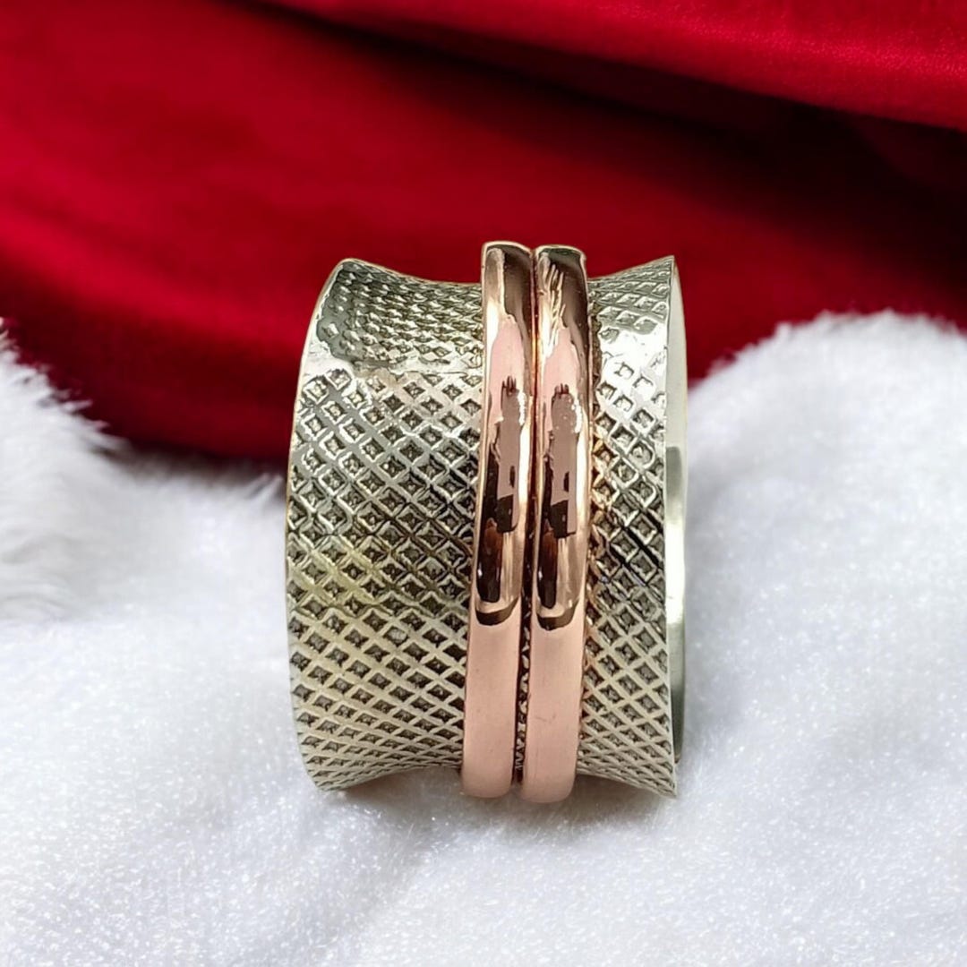 Sterling Silver Boho Spinner Ring, Wide Band Fidget Ring, Rose Gold ...