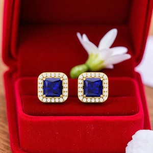 14k Gold Blue sapphire Diamond Earrings, Bridal Earrings, September Birthstone, Blue sapphire Stud Earrings, 925 Silver vintage Earrings