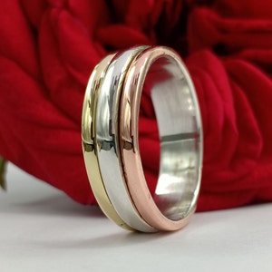 Handmade Three Tone Spinner Ring, Meditation 925 Sterling Silver Perfect Silver Jewelry Boho Ring Solid Round Thumb Ring Gift For Men, Woman