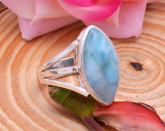 Natural Larimar Ring, Sterling Silver Ring, Women Ring Bohemian Ring, Boho Ring with Stone Blue Gemstone Ring Ocean Larimar Ring unisex Ring