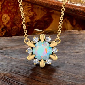 Sterling Silver Opal Flower Necklace,Ethiopian Opal pendant, Diamond Pendant, Mother&#39;s Day Gift, Bridesmaid Necklace, Christmas Gift, Huzurr