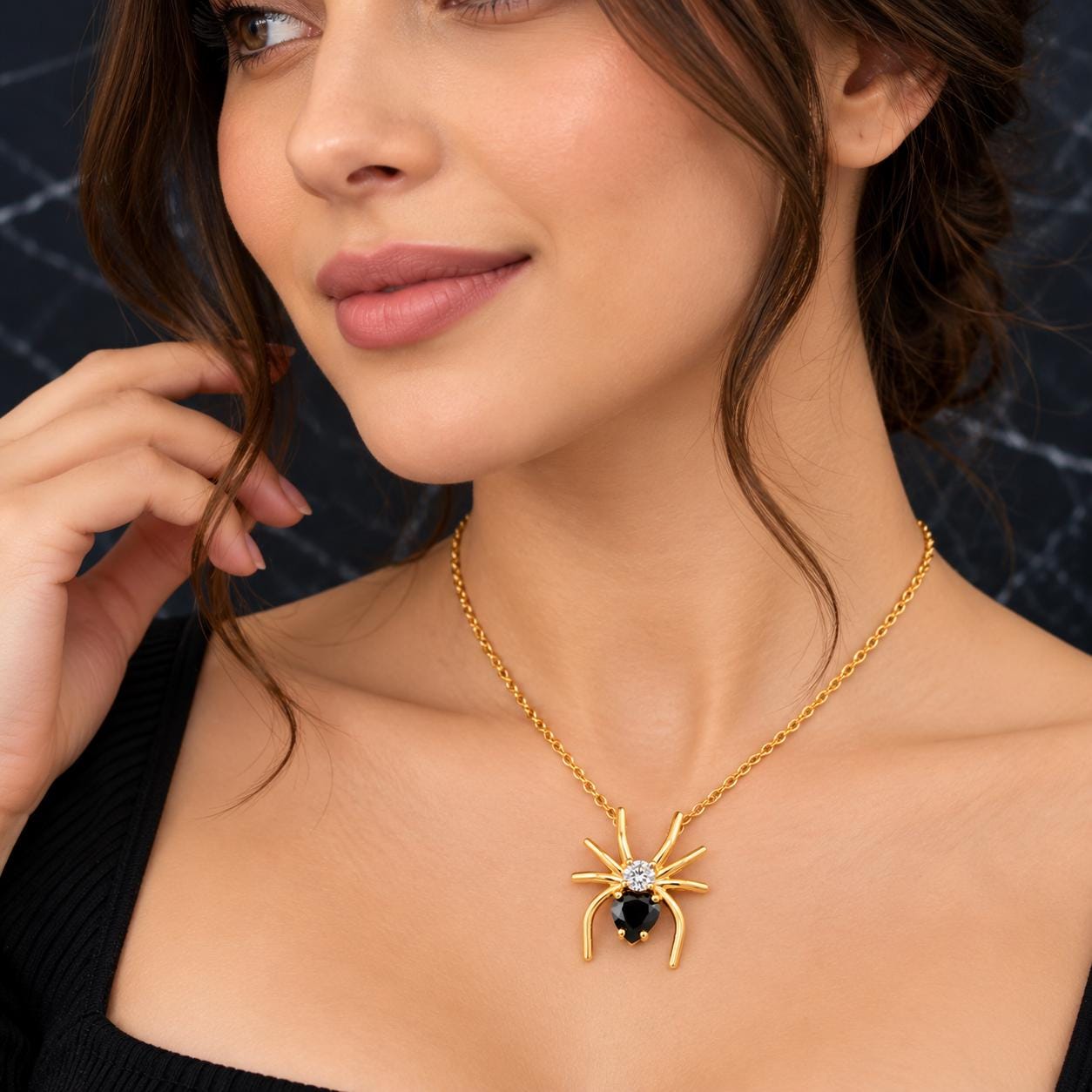 Black Diamond Necklace, Spider Necklace With Diamond, 14k Gold