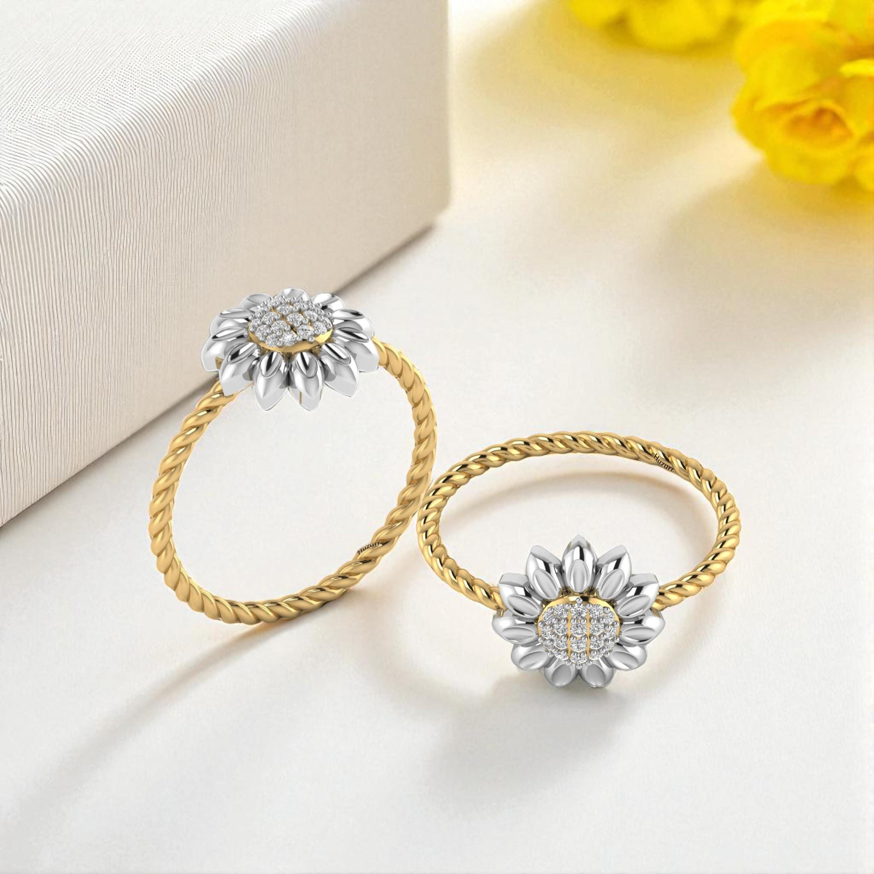 thumbnail image 2 of Two Tone Gold Sunflower Engagement Ring With Natural Diamond Unique Flower Ring 2 of 9