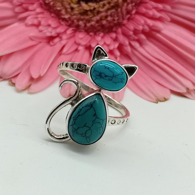 925 Sterling Silver Cat Ring, Natural Turquoise Boho Statement Ring ...
