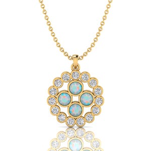 Opal Necklace – Gold Round Cut Opal Pendant, October Birthstone Jewelry, Unique Opal Moissanite Pendant, Christmas Gift, Gift for Her,Huzurr