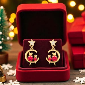 14k Gold Rubin Katze Ohrringe für Frauen, Stern Ohrringe, Juli Geburtsstein, Rosa Edelstein Braut Ohrringe, Weihnachtsgeschenk für Mama und Frau