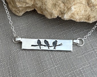 Birds on a twig necklace, Sterling silver, 3 little birds pendant
