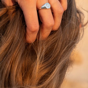 May include: A silver signet ring with a bee design. The ring is worn on the finger of a person with long brown hair.