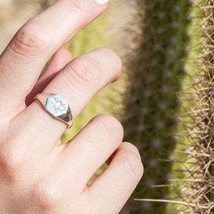May include: A silver signet ring with a bee design. The ring is worn on a person's finger.