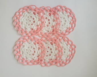 White pink coasters, Set of 6 coasters, small doilies, placemats, table decor, party decoration