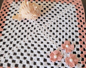 Handmade Crochet Doily: White & Salmon Pink Cotton Lace, Home Decor (11.4 inch)