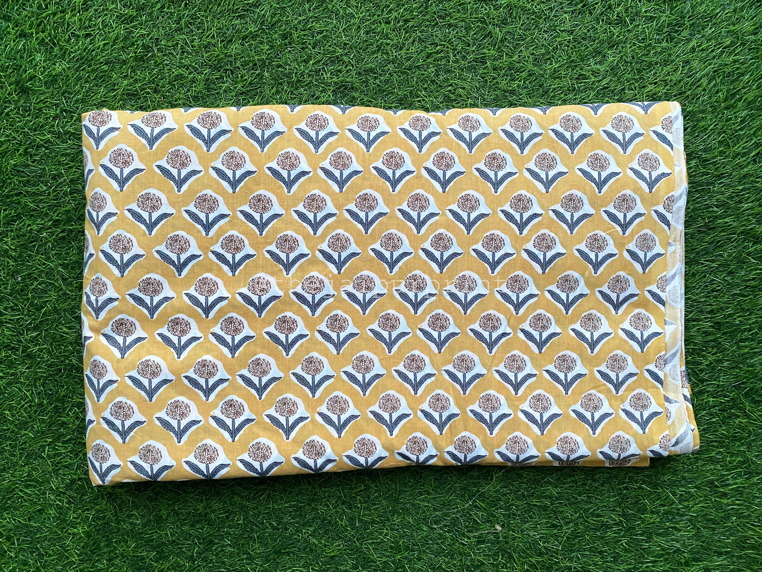 Mustard Yellow Floral Fabric Indian Block Print Soft Cotton Etsy