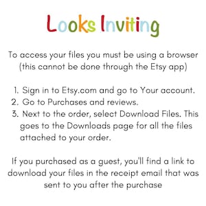 Pode incluir: Instru&ccedil;&otilde;es de texto sobre como acessar os arquivos digitais comprados no Etsy.com. O texto explica como baixar arquivos por meio do site Etsy e como acessar os arquivos se voc&ecirc; comprou como convidado.