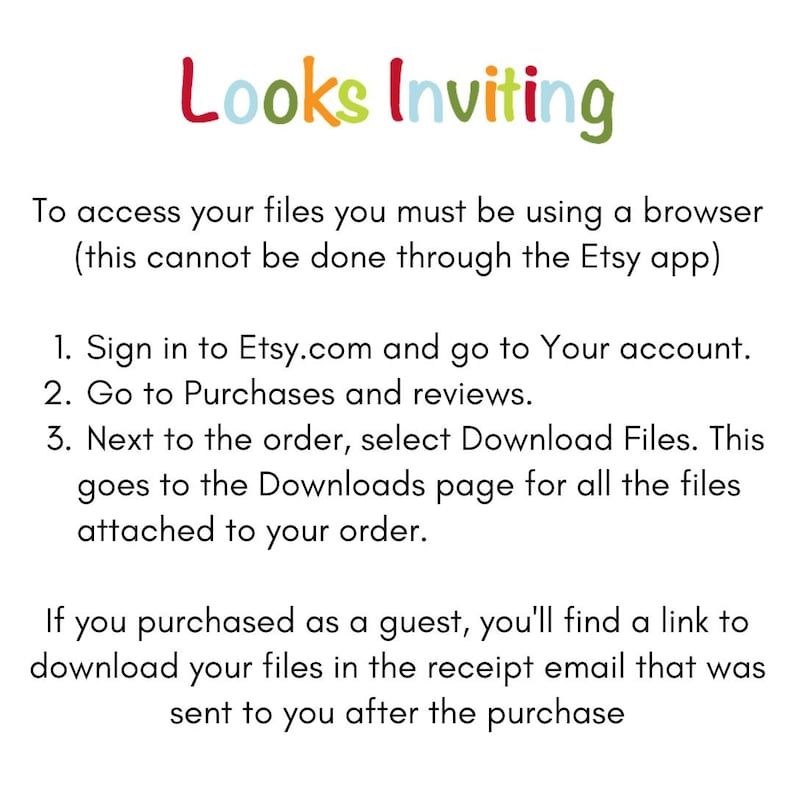 Pode incluir: Instru&ccedil;&otilde;es de texto sobre como acessar os arquivos digitais comprados no Etsy.com. O texto explica como baixar arquivos por meio do site Etsy e como acessar os arquivos se voc&ecirc; comprou como convidado.