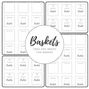 Pode incluir: Etiquetas e embalagens imprim&iacute;veis para cestas. A folha imprim&iacute;vel inclui 18 etiquetas e embalagens com o texto "Cestas feitas &agrave; m&atilde;o" e um c&iacute;rculo para um pre&ccedil;o ou outras informa&ccedil;&otilde;es. O texto "Etiquetas e embalagens para cestas para os fabricantes" est&aacute; na parte superior da folha.