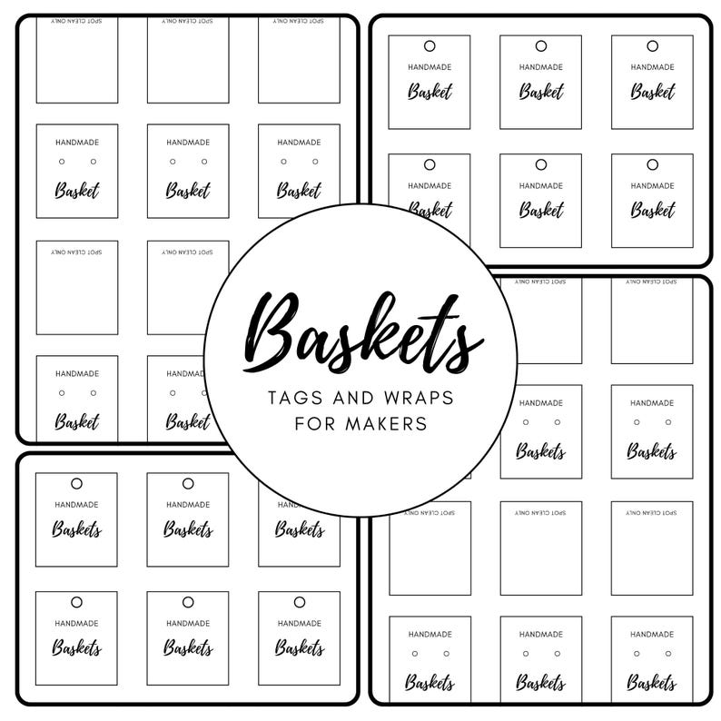 Pode incluir: Etiquetas e embalagens imprim&iacute;veis para cestas. A folha imprim&iacute;vel inclui 18 etiquetas e embalagens com o texto "Cestas feitas &agrave; m&atilde;o" e um c&iacute;rculo para um pre&ccedil;o ou outras informa&ccedil;&otilde;es. O texto "Etiquetas e embalagens para cestas para os fabricantes" est&aacute; na parte superior da folha.