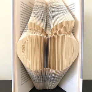 May include: A book with pages folded into the shape of a butterfly. The butterfly is made of cream-colored paper and is in the center of the open book.