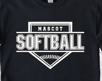 May include: Black sweatshirt with a white graphic of a baseball diamond with the text "MASCOT SOFTBALL" inside.