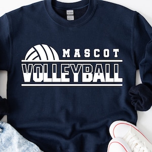 May include: A navy blue sweatshirt with white text that reads "Mascot Volleyball" and a white volleyball graphic.