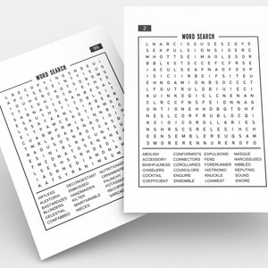 May include: Black and white word search puzzle with the words "Word Search" at the top. The puzzle is filled with letters and the words to find are listed below the puzzle. The words include "Abolish", "Accessory", "Conformists", "Expulsions", "Masque", "Bashfulness", "Connectors", "Fend", "Narcisuses", "Chiselers", "Councilors", "Histrionic", "Reputing", "Cocktail", "Enquire", "Knuckle", "Sound", "Coefficient", "Ensemble", "Loamiest", "Swore".