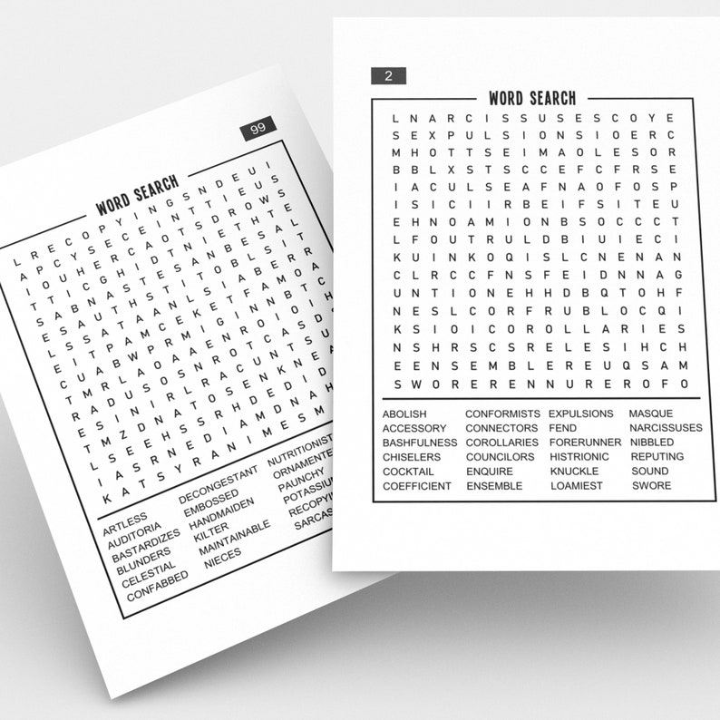May include: Black and white word search puzzle with the words "Word Search" at the top. The puzzle is filled with letters and the words to find are listed below the puzzle. The words include "Abolish", "Accessory", "Conformists", "Expulsions", "Masque", "Bashfulness", "Connectors", "Fend", "Narcisuses", "Chiselers", "Councilors", "Histrionic", "Reputing", "Cocktail", "Enquire", "Knuckle", "Sound", "Coefficient", "Ensemble", "Loamiest", "Swore".