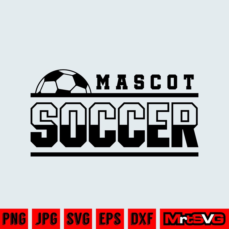 May include: Black and white graphic design of a soccer ball with the text "MASCOT SOCCER" in a bold, blocky font.