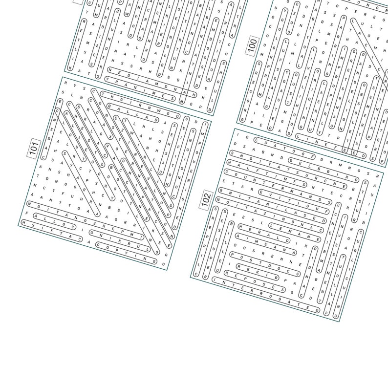May include: A black and white word search puzzle with the numbers 100, 101, and 102 in the corners. The puzzle is filled with letters and words.