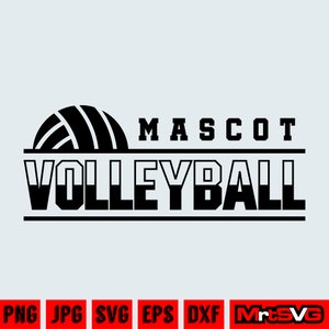 May include: Black and white graphic design of a volleyball with the text "MASCOT VOLLEYBALL" above it.