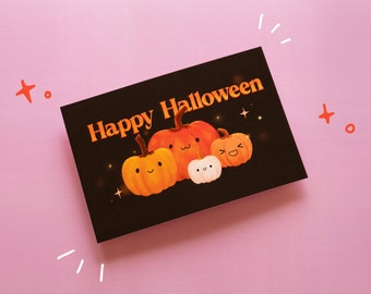 Halloween spooky cute pumpkin frens Post card, Adorable Halloween Greetings, Smiling Pumpkin Friends, Spooky Fun