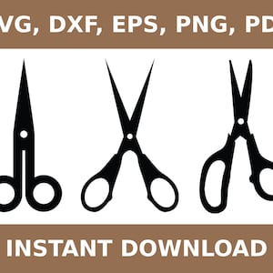 Può includere: Tre immagini in silhouette nera di forbici. Le forbici sono in posizioni diverse. L'immagine ha il testo "SVG, DXF, EPS, PNG, PDF" in alto e "INSTANT DOWNLOAD" in basso.