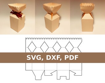 May include: A printable template for a favour box with a scalloped top. The template includes SVG, DXF, and PDF file formats. The box is designed to be folded and assembled.