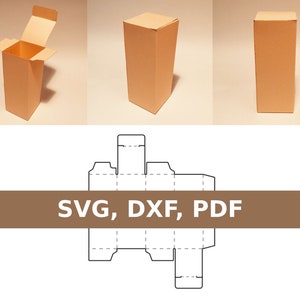 Puede incluir: Una caja de cartón marrón con una solapa que se abre para revelar el interior. La caja se muestra en tres vistas diferentes: cerrada, abierta y un diseño plano de la caja con líneas de pliegue.