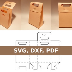 May include: A printable template for a small gift bag with a handle. The template is shown folded and unfolded. The text "SVG, DXF, PDF" is printed on a brown bar at the top of the image.